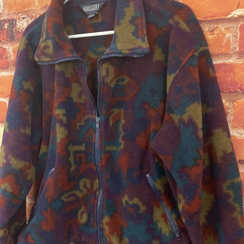 Vintage Lands End Aztec Made USA 90s Fleece Jacket Pullover Sweater Med 10-12